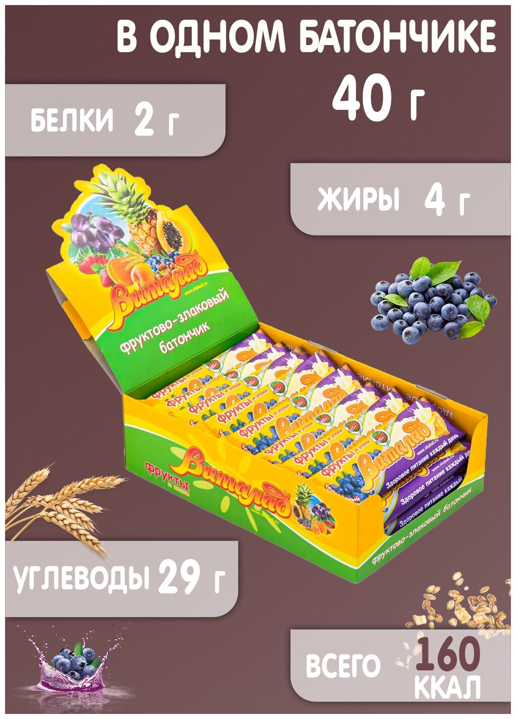 Виталад Мюсли прессованные Батончик черничный, 40гр, шоу-бокс 24 шт. - фотография № 9