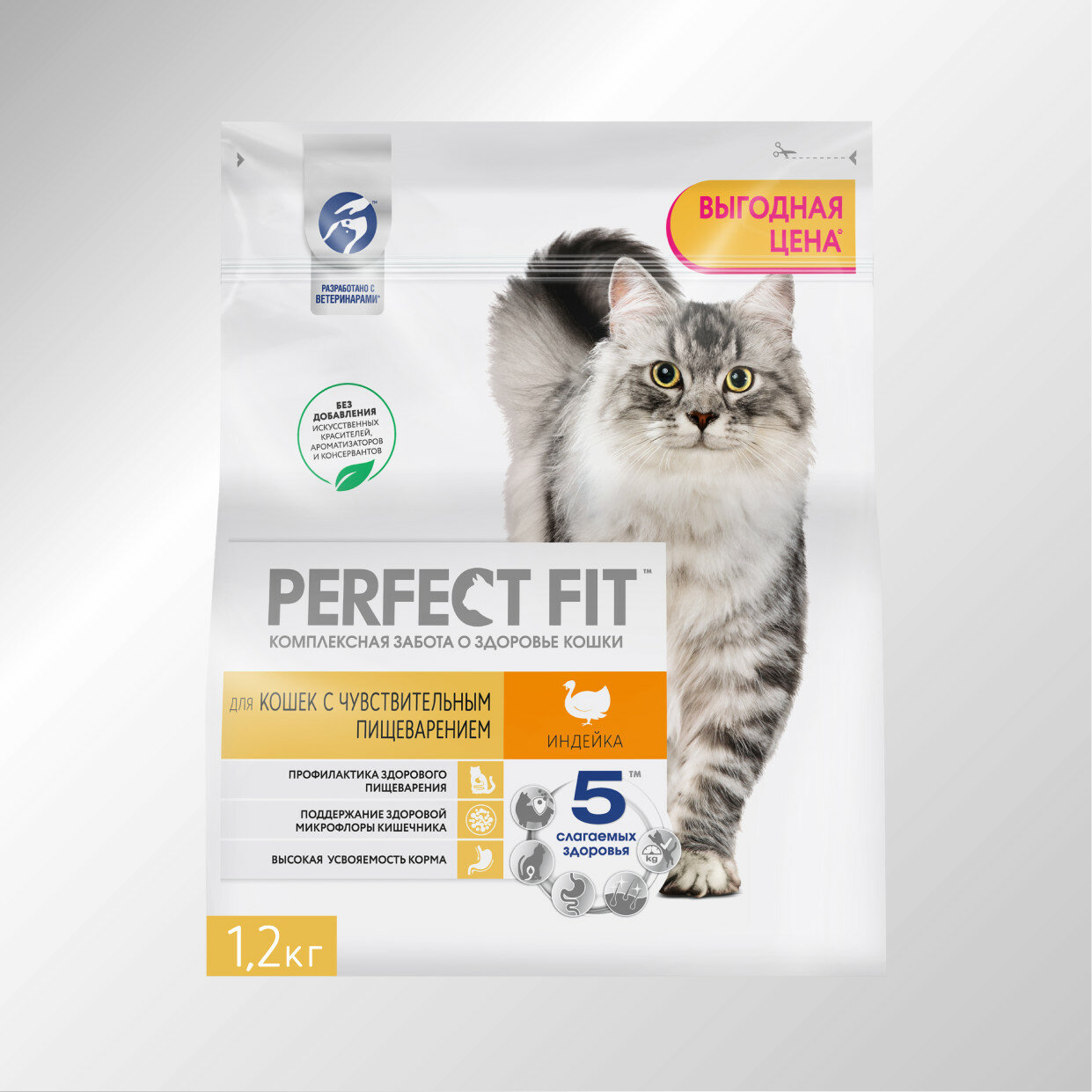 Сухой корм PERFECT FIT™ для взрослых кошек с чувствительным пищеварением с индейкой, 1.2кг