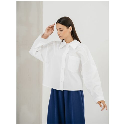 Блуза  Модный Дом Виктории Тишиной, классический стиль, свободный силуэт, длинный рукав, манжеты, однотонная, размер XL (54-56), белый