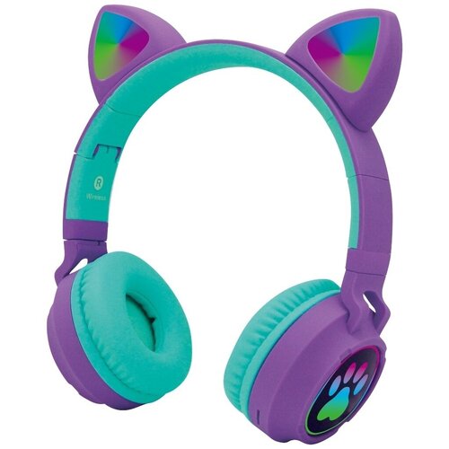 Cat Ear Headphones - B-30 Фиолетовый-зеленый. Беспроводные bluetooth наушники кошачьи ушки, лапки светящиеся.