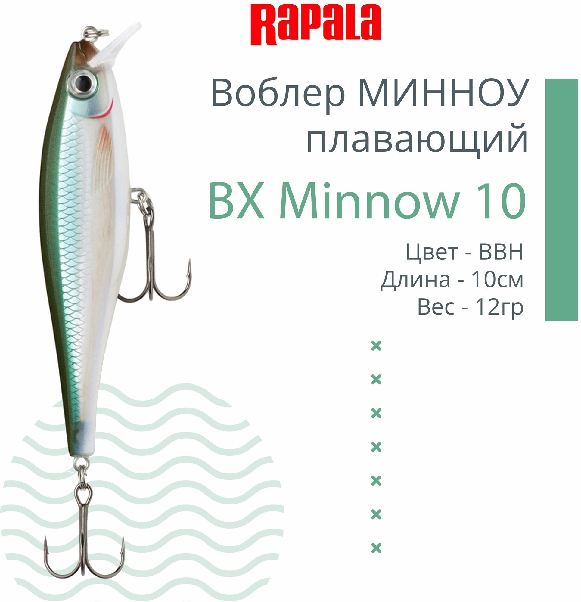 Воблер для рыбалки RAPALA BX Minnow 10, 10см, 12г, цвет BBH, плавающий