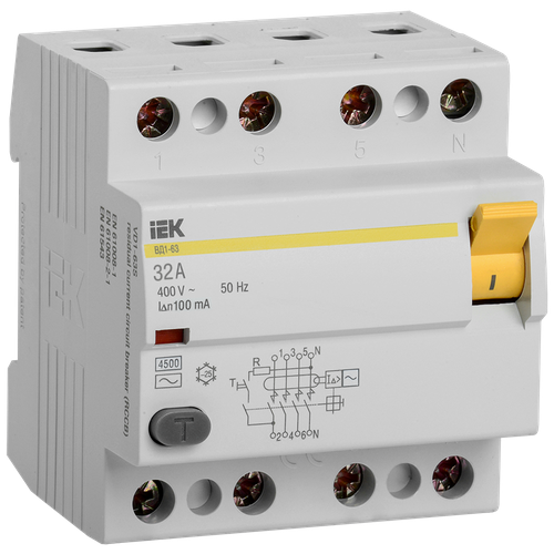 Выключатель дифференциального тока (УЗО) 4п 32А 100мА тип AC ВД1-63 IEK MDV10-4-032-100 (3шт. в упак.) выключатель дифференциального тока вдт узо iek mdv10 4 025 100 4п 25а 100ма вд1 63 ас