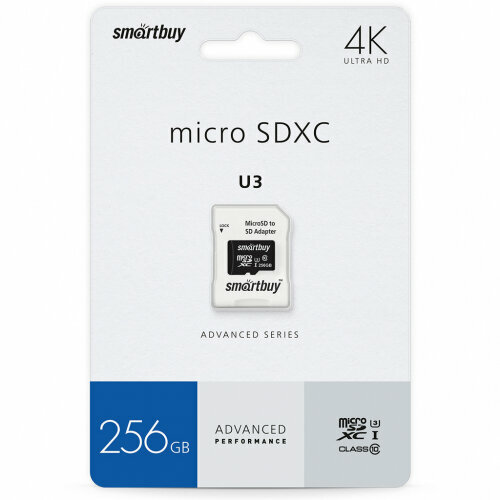 Карта памяти Smartbuy micro SDXC 256Gb Advanced Series UHS-I U3 V30 A1 + ADP (90/55 Mb/s)