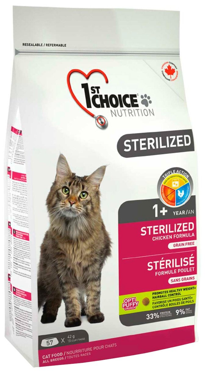 1ST CHOICE CAT ADULT STERILIZED беззерновой для взрослых кастрированных котов и стерилизованных кошек с курицей и картофелем (2,4 кг)