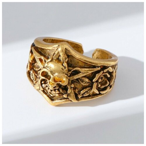 Кольцо "Перстень" череп с цветами, цвет чернёное золото, безразмерное RECOM   