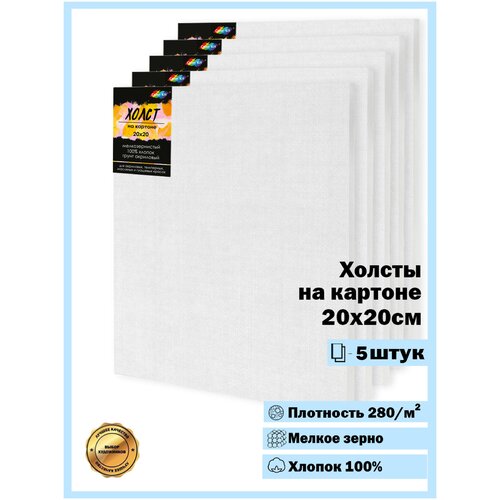 Color Kit / Набор холстов на картоне МДФ /Комплект из 5 штук Холстов на картоне 280 г/м, 20х20 5CNX2020