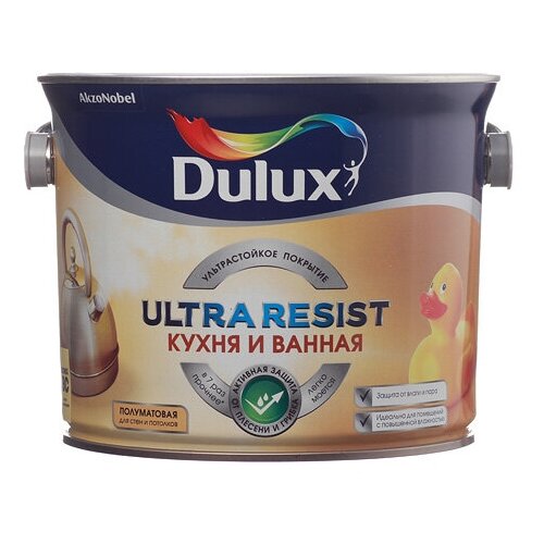 Краска моющаяся Dulux Ultra Resist кухня и ванная база BС бесцветная 2,3 л краска моющаяся dulux ultra resist гостиные и офисы база bс бесцветная 2 5 л
