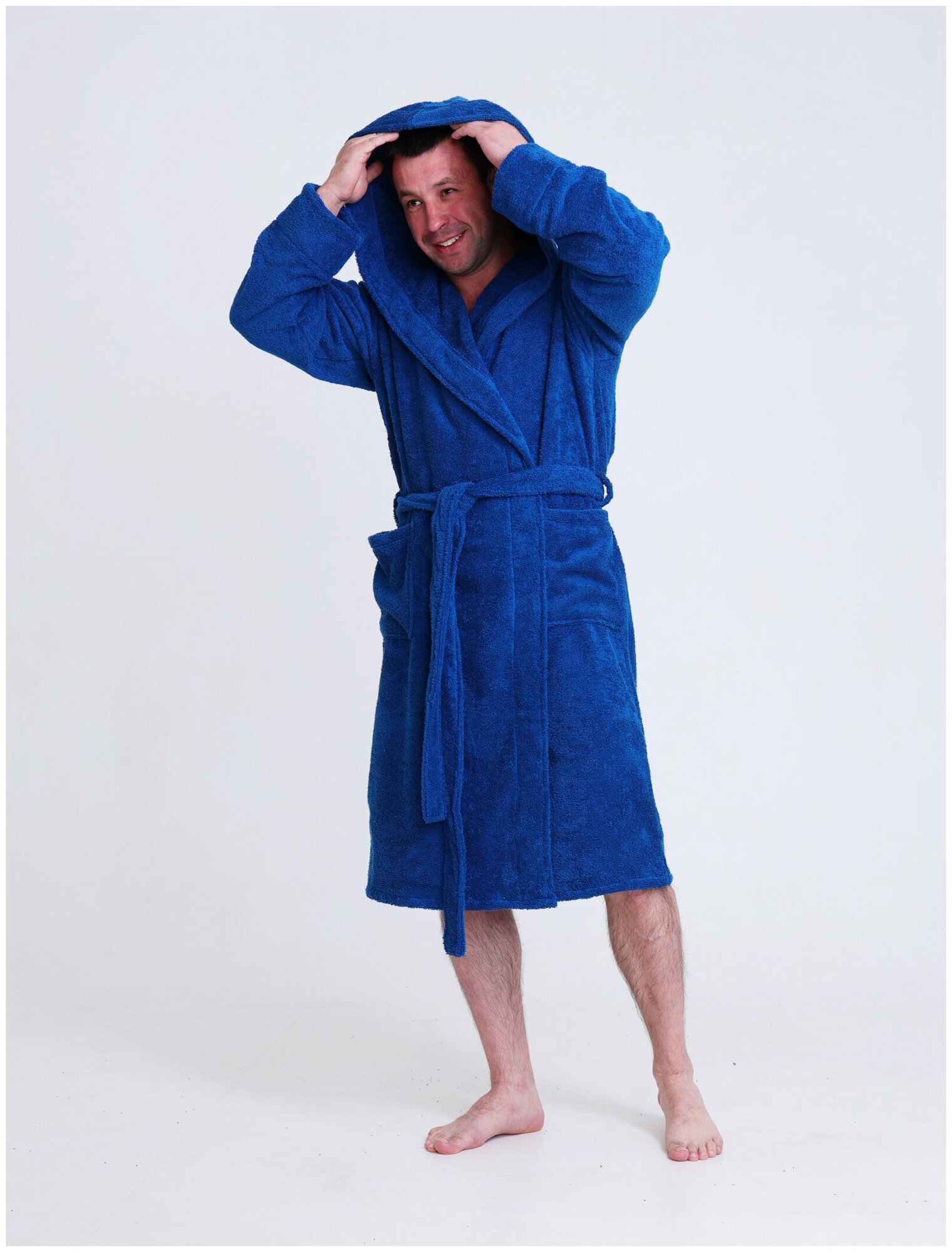 Халат мужской махровый BIO-TEXTILES с капюшоном 56-58 синий домашний хлопок с запахом банный больших размеров длинный в подарок бассейн - фотография № 9