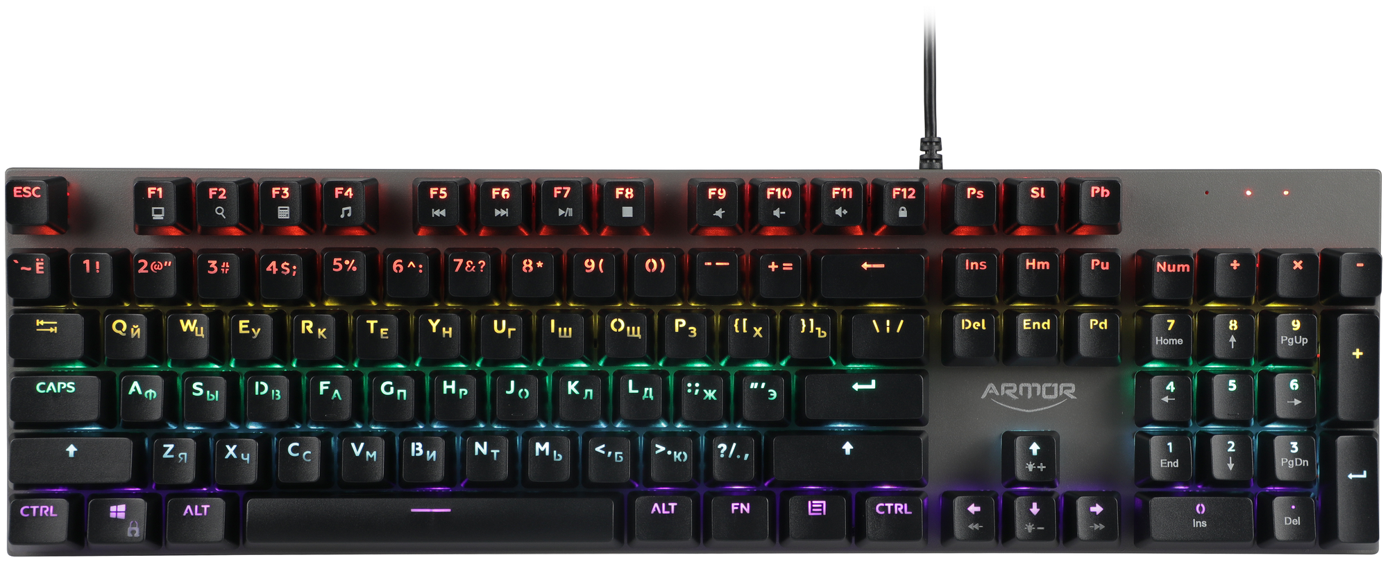 Клавиатура механическая игровая CBR KB 883 Armor, USB, 104 кл., свитчи Huano Red, Anti-Ghosting, N-key rollover, Rainbow LED, кабель 1,8 м