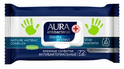 Набор из 3 штук Влажные салфетки антибактериальные Aura Derma protect Hомашка 72шт