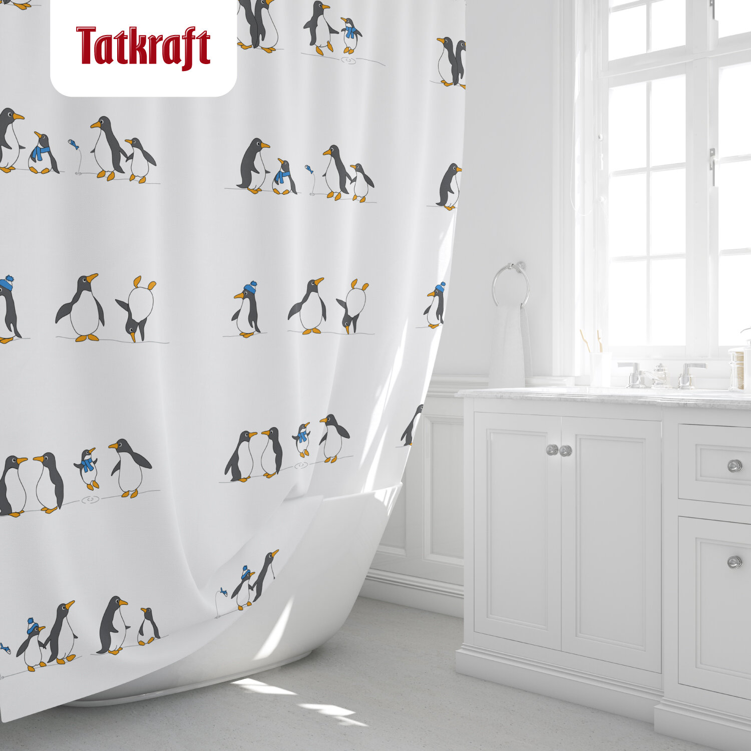 Штора для ванной 180х180 тканевая Tatkraft Penguins водоотталкивающая 100% полиэстер