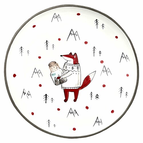 Тарелка ручной работы с бортиком Лис в горах с банкой белая 17 см 3176₽