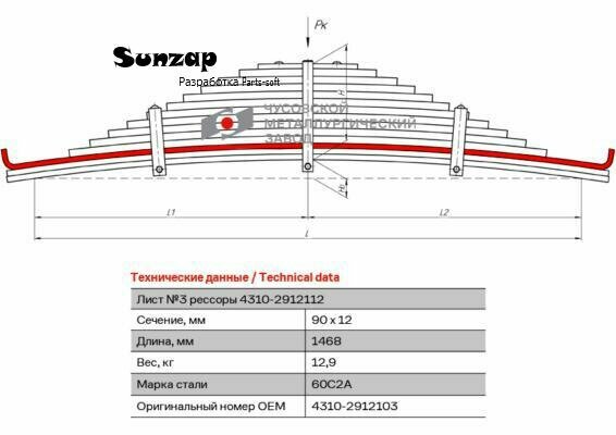 ЧМЗ 43102912103 4310-2912103_лист рессоры задн! №3 90х12 L=1468 \КамАЗ