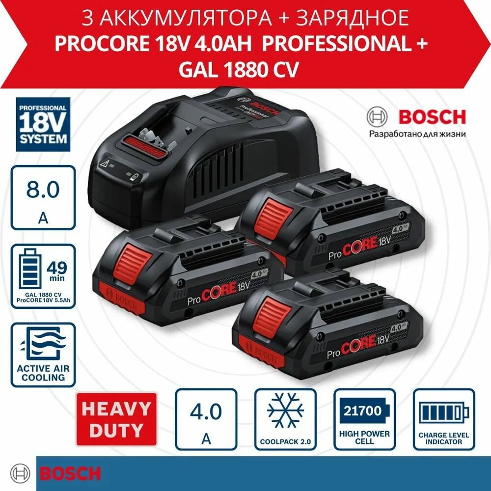 Аккумулятор ProCORE18V 4.0 Ah (3 шт) + зарядное устройство BOSCH GAL 1880 CV (0615990N2G)