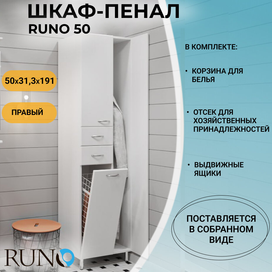 Пенал Runo Эконом 50х190 правый, с корзиной для белья, белый (00000000136)