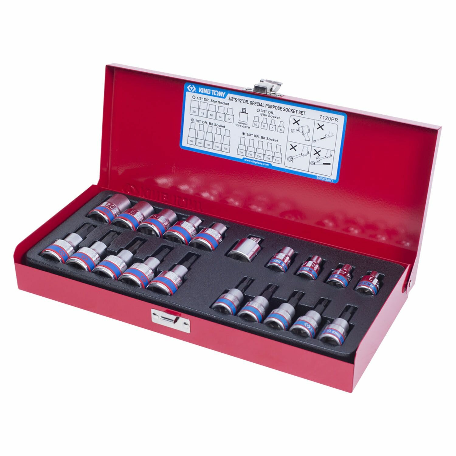 KING TONY Набор торцевых насадок и головок 1/2", 3/8", Torx, Е6-Е20, Т10-Т55, 20 предметов 7120PR