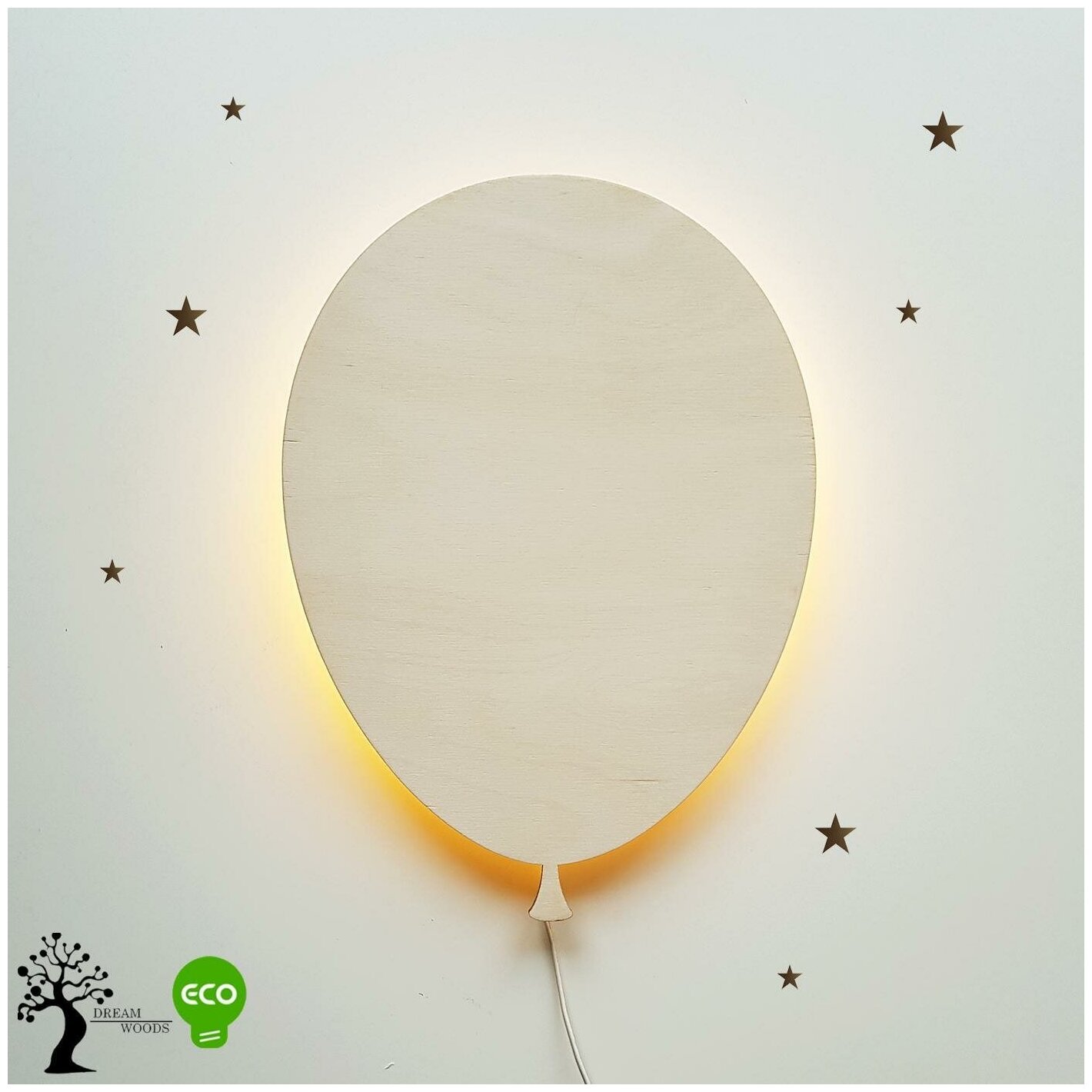 Ночник детский светильник для сна настенный воздушный шарик деревянный светодиодный 35*25 см на батарейках, 1 шт - фотография № 2