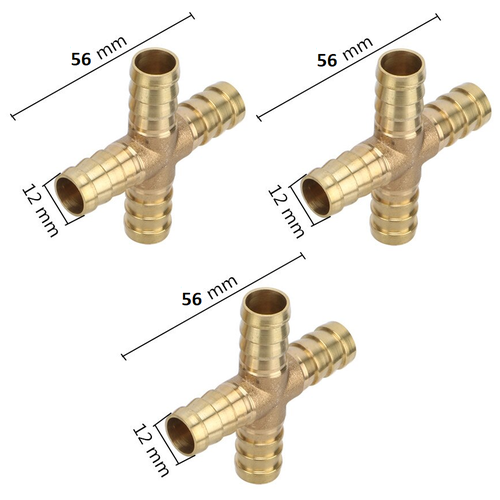 (3шт) 12мм Штуцер крестовой латунный ёлочка (Х-образный) для трубок и шлангов 12мм, внешний диаметр штуцера ёлочка 12мм
