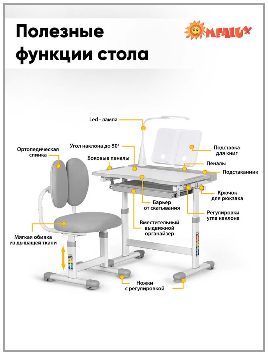 Детский комплект BD-20 G лампой: Растущая парта (длина столешницы 70 см) + растущий стул. - фотография № 2