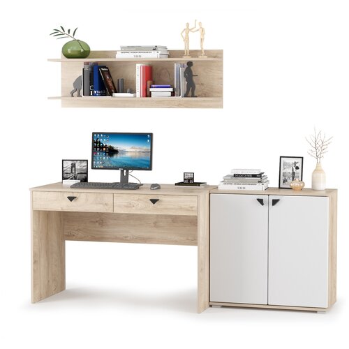 фото Стол с полкой и комодом бостон № 03, цвет дуб эндгрейн элегантный/фасады мдф милк рикамо софт mobi