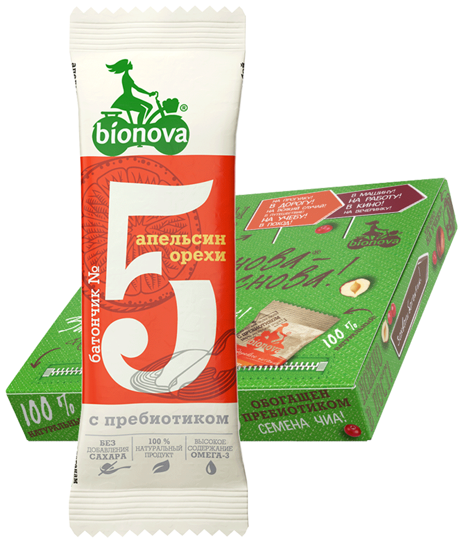 Фруктово-ореховый батончик без сахара Bionova® №5 Апельсин & Орехи с пребиотиком 35 гр, 9 шт