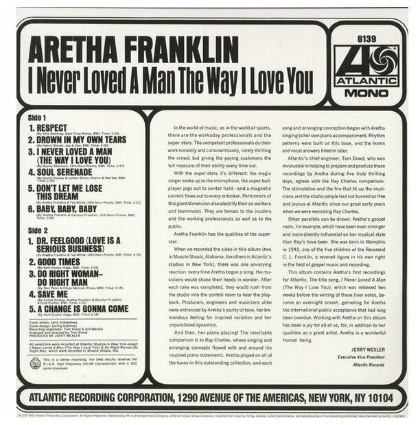 Aretha Franklin Aretha Franklin - I Never Loved A Man The Way I Loved You (180 Gr, Mono) Warner Music - фото №3