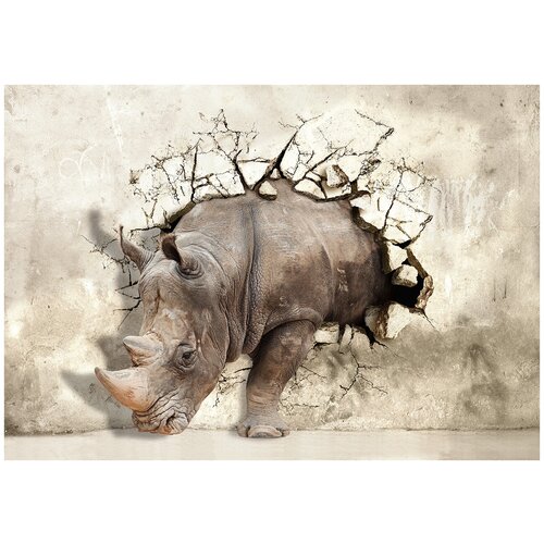 Фотообои Уютная стена 3D носорог, пробивающий стену 380х270 см Виниловые Бесшовные (единым полотном)