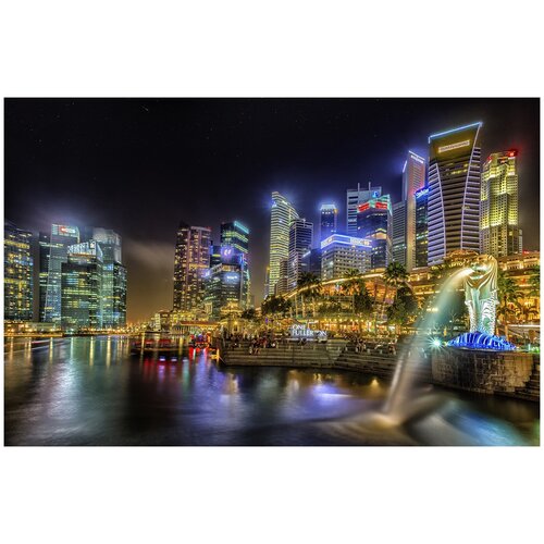 Фотообои Уютная стена "Разноцветные огни ночного Сингапура" 410х270 см Виниловые Бесшовные (единым полотном)