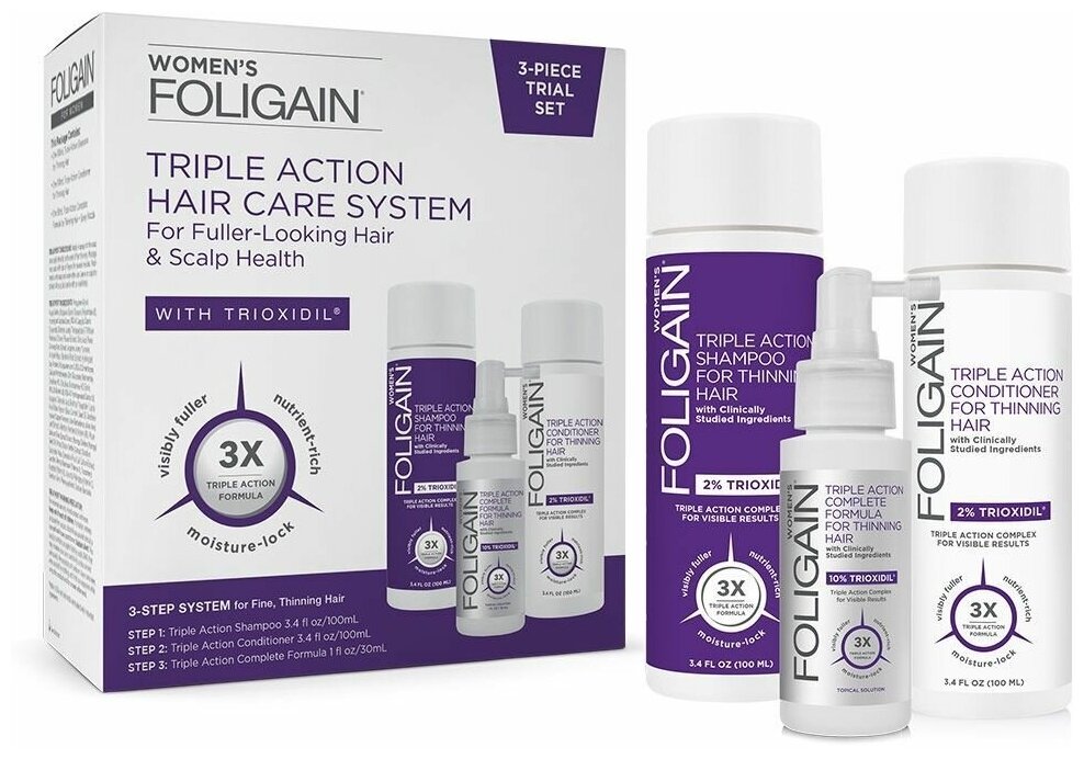 FOLIGAIN WOMEN'S Triple Action Hair Care System with Trioxidil (3-Piece Trial Set)