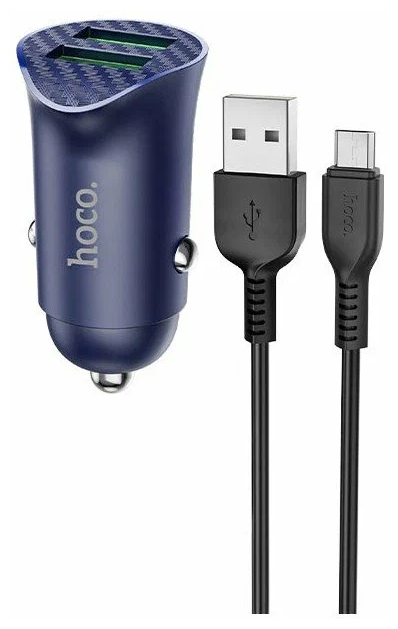 Автомобильное зарядное устройство Hoco Z39 Farsighted dual port QC3.0 Car charger с кабелем MicroUSB (2USB: 3.6V-6.5V & 3A 18W) Синий