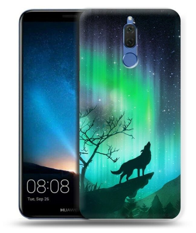 Дизайнерский силиконовый чехол для Хуавей Нова 2i/Мате 10 Лайт / Huawei Nova 2i Северное сияние и волк