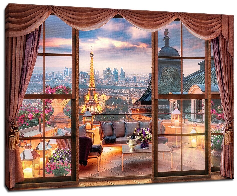 Картина Уютная стена "Теплый вечер в Париже с видом на Эйфелеву башню" 90х60 см