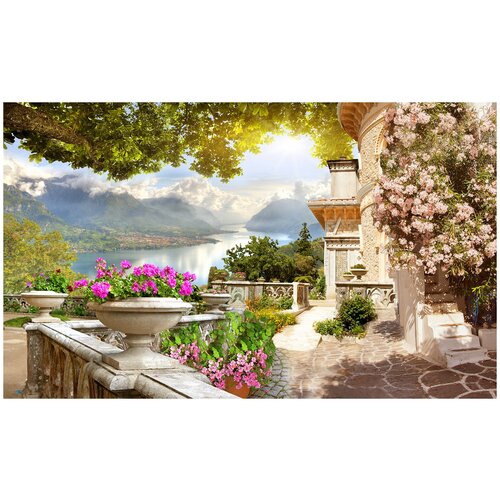 Фотообои Уютная стена Балкон с цветами с видом на горы 450х270 см Бесшовные Премиум (единым полотном)