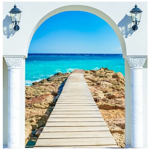 Флизелиновые фотообои Уютная стена Солнечная арка к морю 270х270 см с текстурой Песок