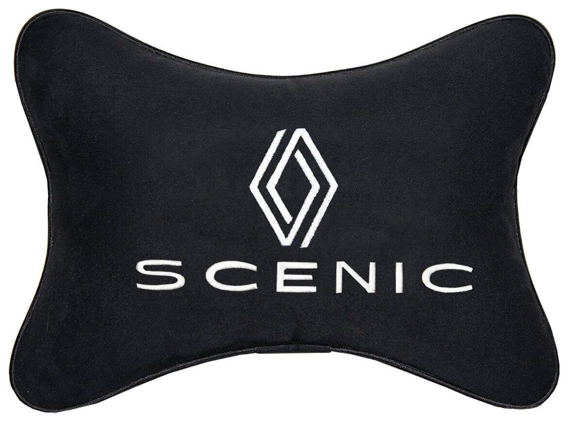 Автомобильная подушка на подголовник алькантара Black с логотипом автомобиля RENAULT Scenic