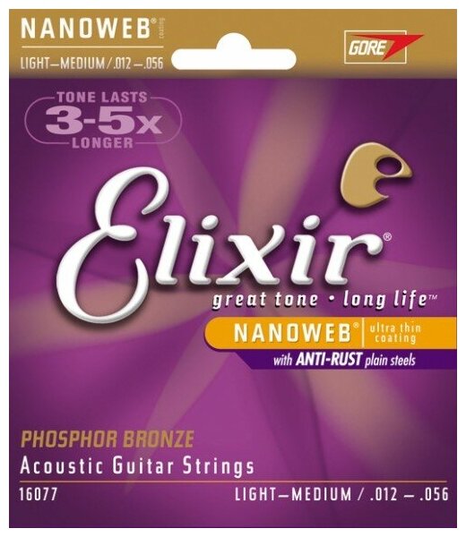 Струны для акустической гитары Elixir Nanoweb 16077 Light-Medium (6 шт)