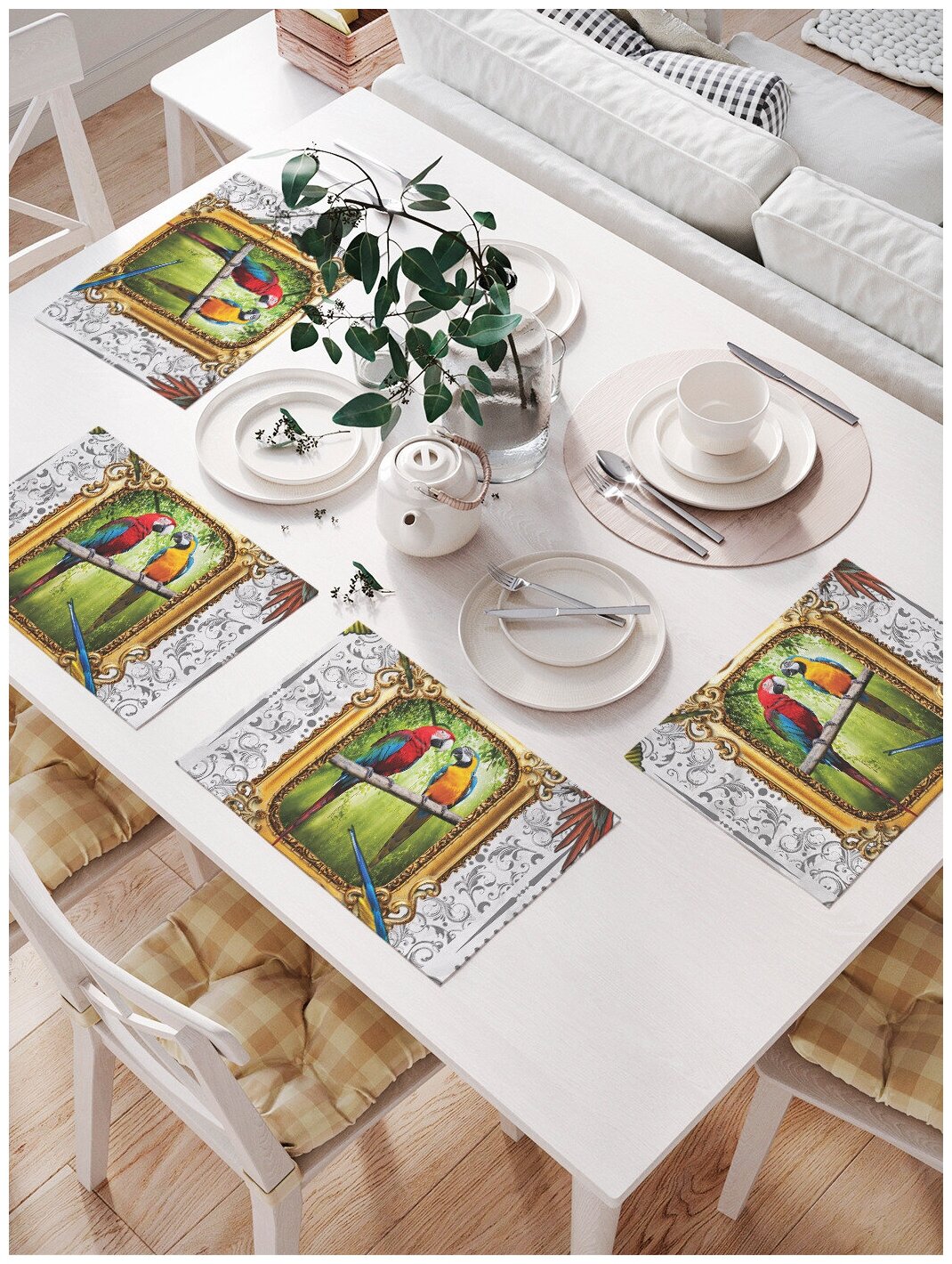 Комплект тканевых салфеток JoyArty "Картина попугаев" для сервировки стола, 32x46 см, 4шт. - фотография № 1