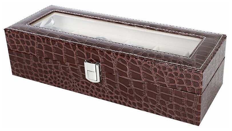 фото Коричневая шкатулка сундучок с замком для хранения часов 6 шт. и украшений из искусственной кожи / Шкатулка классическая кожаная под крокодила