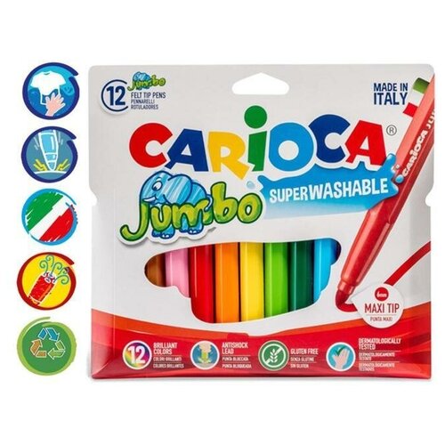 Фломастеры 12 цветов Carioca Jumbo, 5.0 мм, утолщенные, смываемые, увеличенный ресурс, суперяркие, европодвес