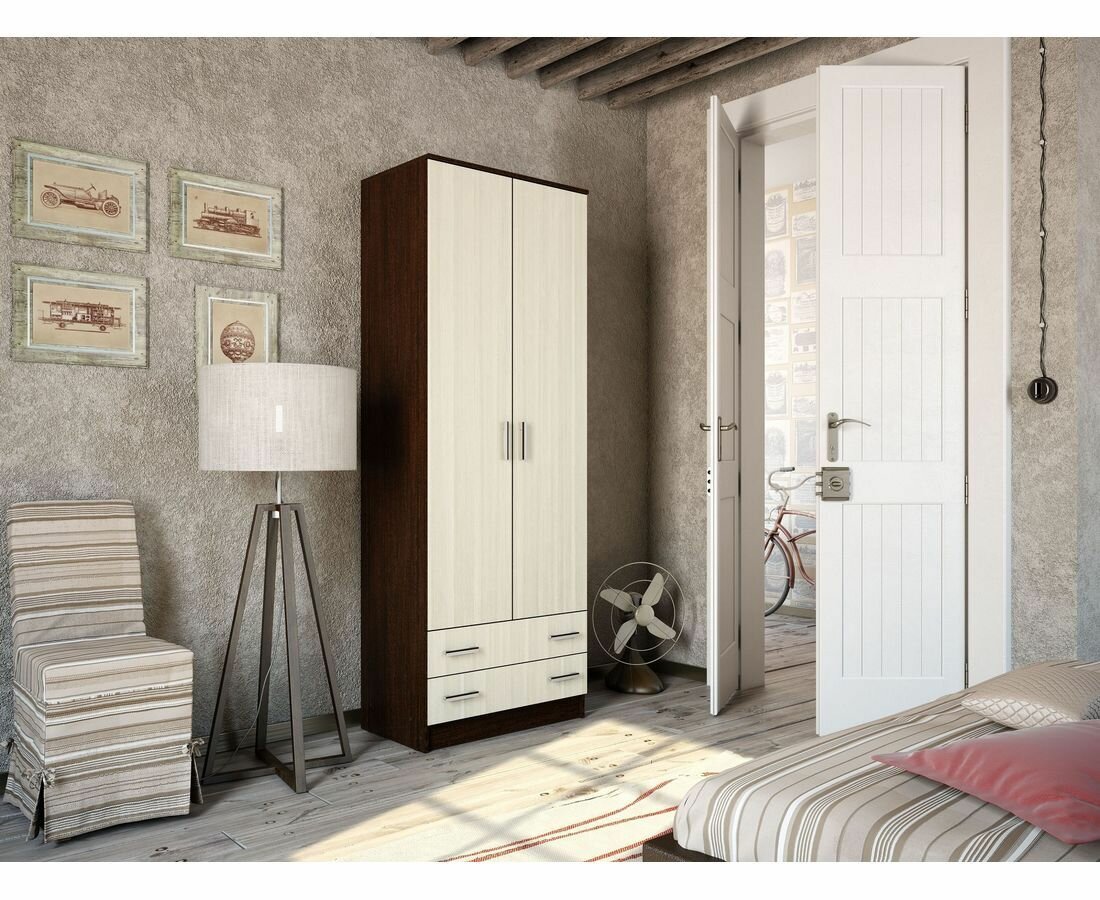 фото Шкаф Дуэт платяной Венге/Лоредо, ЛДСП, со штангой, ящиками, для спальни, гостиной, прихожей 800х2200х487, ЭРА