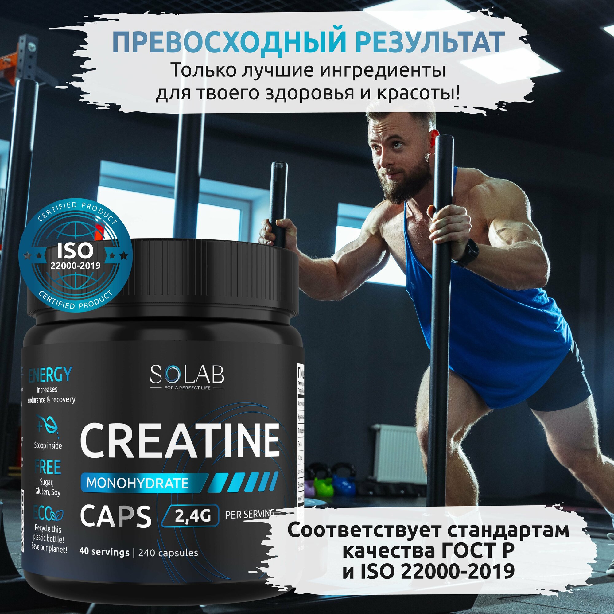 SOLAB Креатин моногидрат в капсулах Creatine Monohydrate, 240 капсул, спортивное питание для набора массы тела