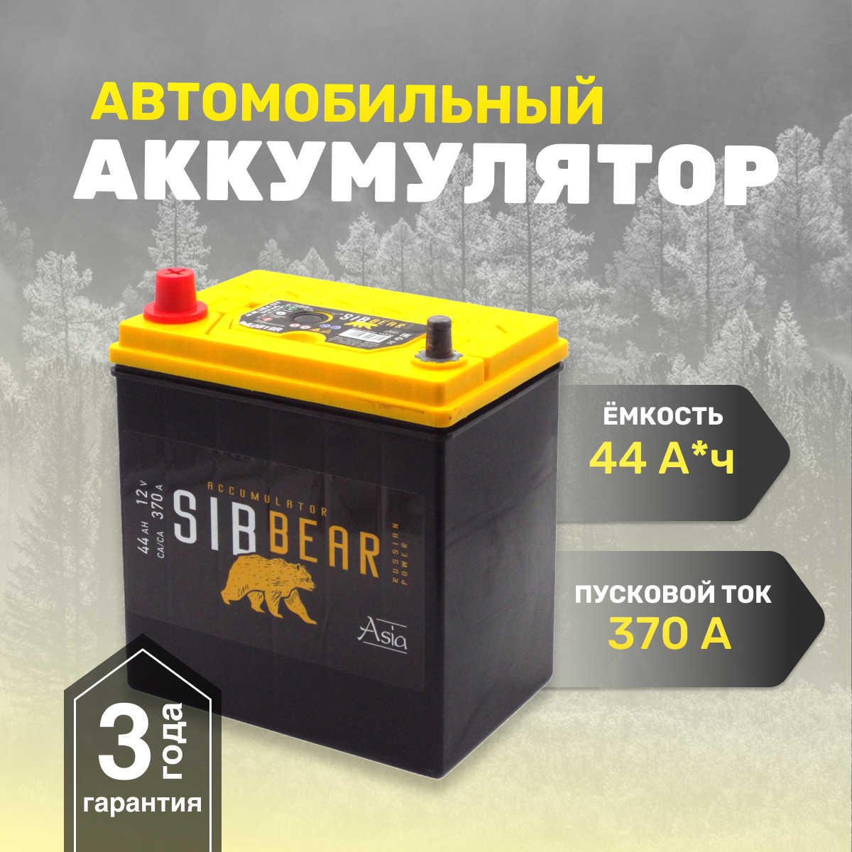 Аккумулятор автомобильный SIBBEAR ASIA 50B19R 44 А*ч п. п 187х125х225 Прямая полярность.