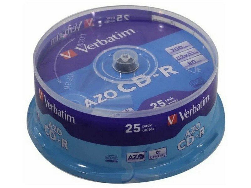 Verbatim CD-R диски 25 шт. Verbatim 52-x 700Mb Cristal AZO Cake Box (43352) Оптический диск CD-R 43352