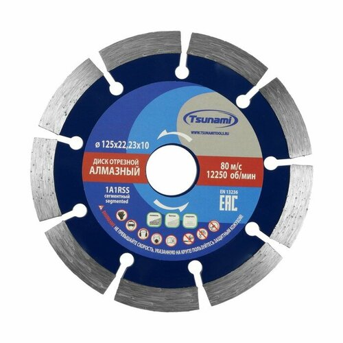 Диск алмазный отрезной TSUNAMI, сегментный, сухой рез, 125х22х10 мм, по бетону диск алмазный по бетону практика 036 315 230x22 2x2 4 мм сегментный сухой рез