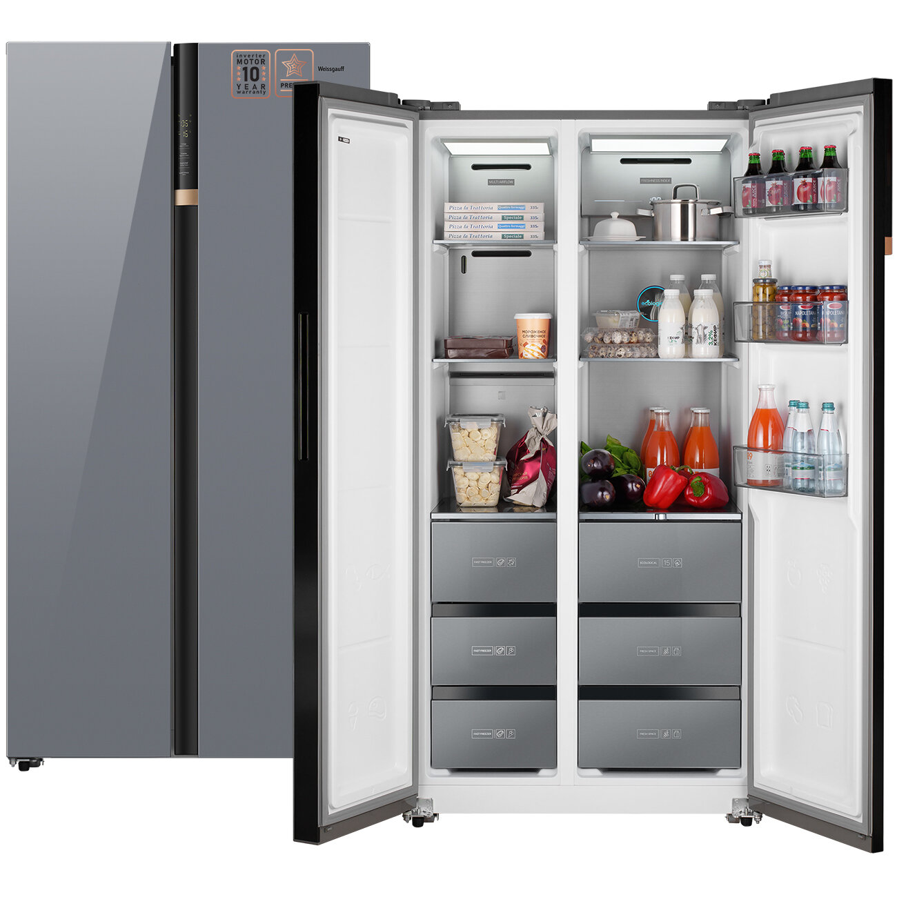 Отдельностоящий холодильник с инвертором Weissgauff Wsbs 590 NoFrost Inverter Premium Dark Grey Glass Side by Side двухдверный, 3 года гарантии, Замораживание 12 кг/сутки, Объём 584 л, Зона свежести, Сенсорное управление, Цифровой дисплей, Суперзаморозка