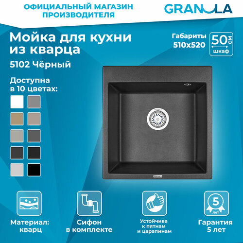 Врезная кухонная мойка 50.5х51см, Granula 5102, матовое черный