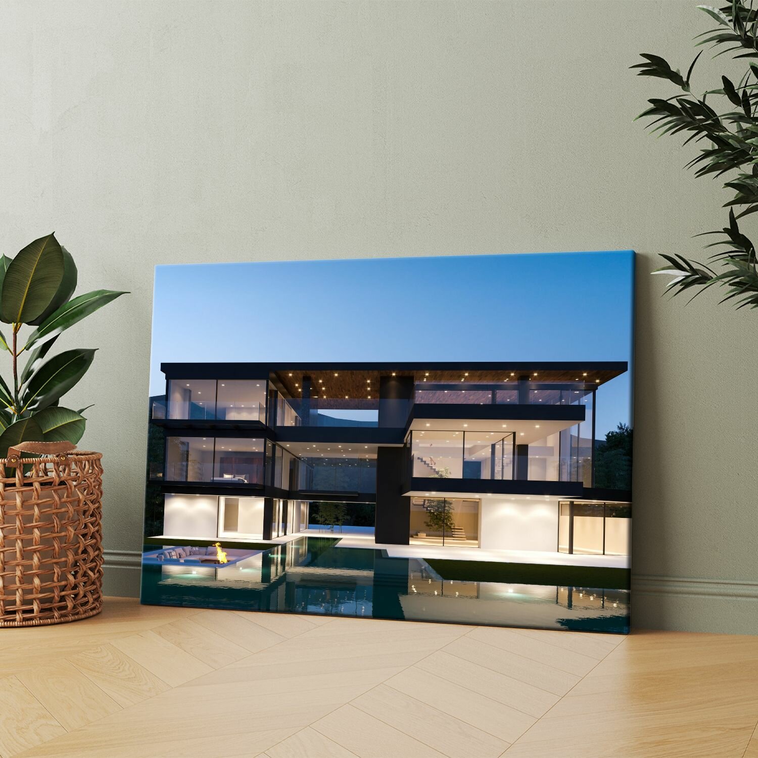 фото Картина на холсте (Современный дом с бассейном и большим стеклянным окном) 40x60 см. Интерьерная, на стену.