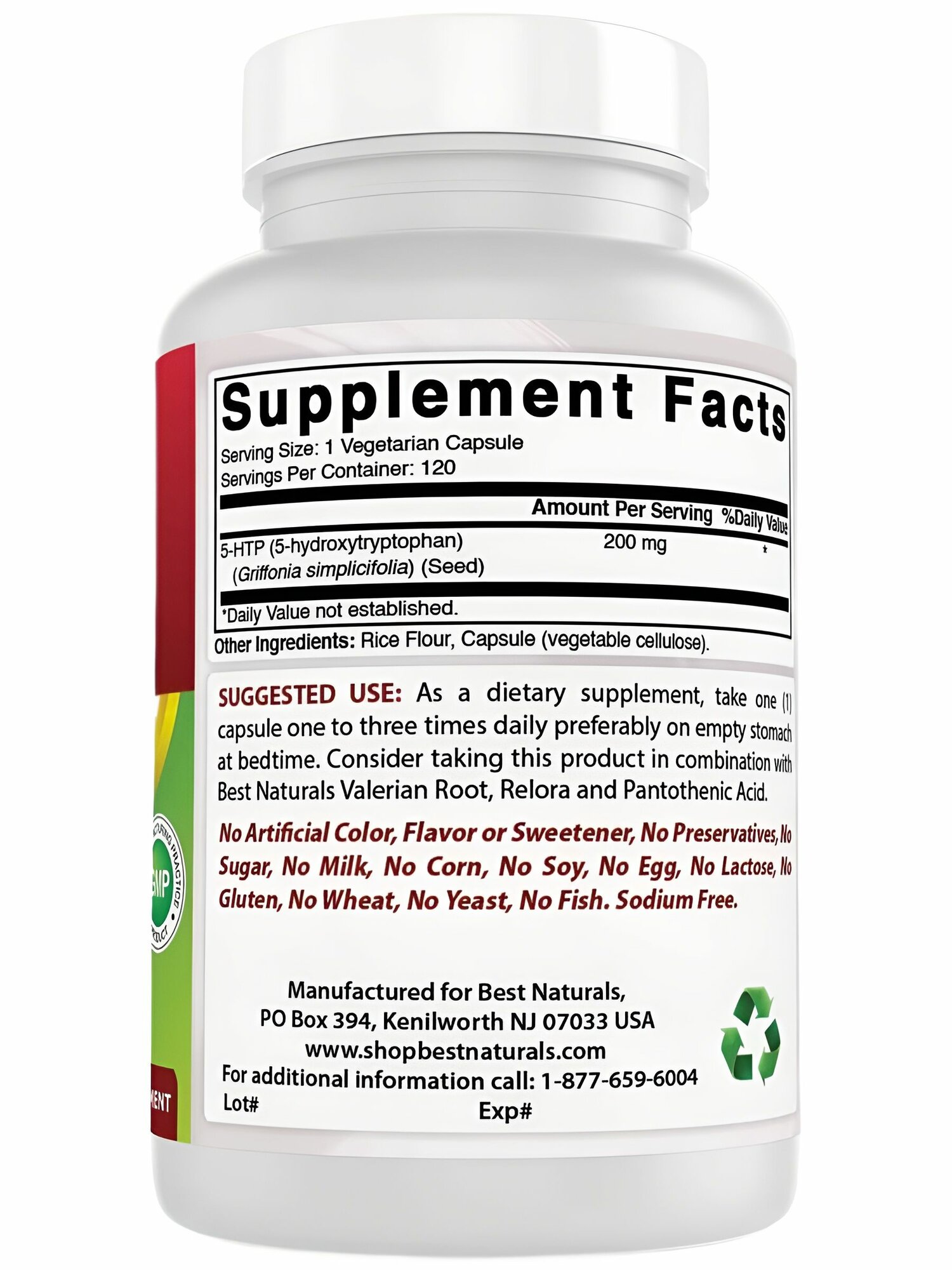 5-Гидрокситриптофан Best Naturals 5-HTR, для повышения работоспособности, США, 120 шт. — фото 1