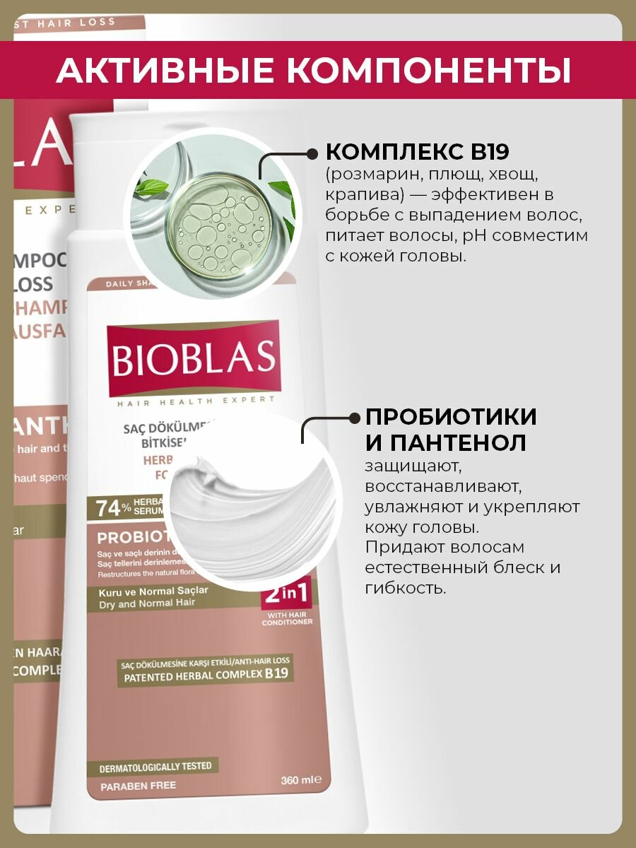 Bioblas Шампунь женский против выпадения волос интенсивное увлажнение с пробиотиками и пантенолом, аптечная косметика, 360 мл — фото 1