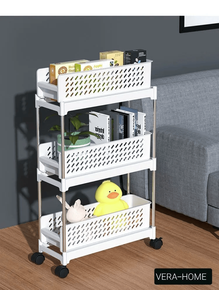 Этажерка VERA-HOME на колёсиках выдвижная 3 уровня белая